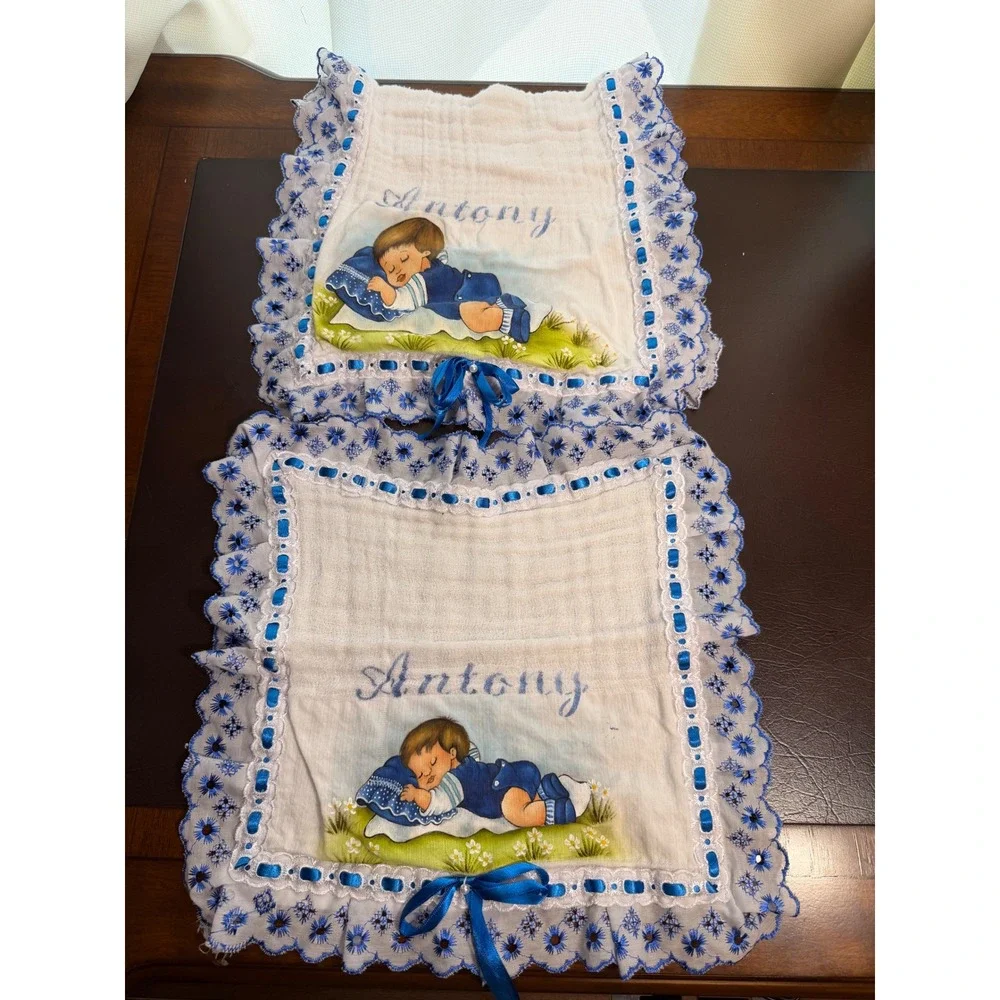 Vintage Antony Personalized Baby Burp Cloth and Towel Set Blue Eyelet Lace Trim